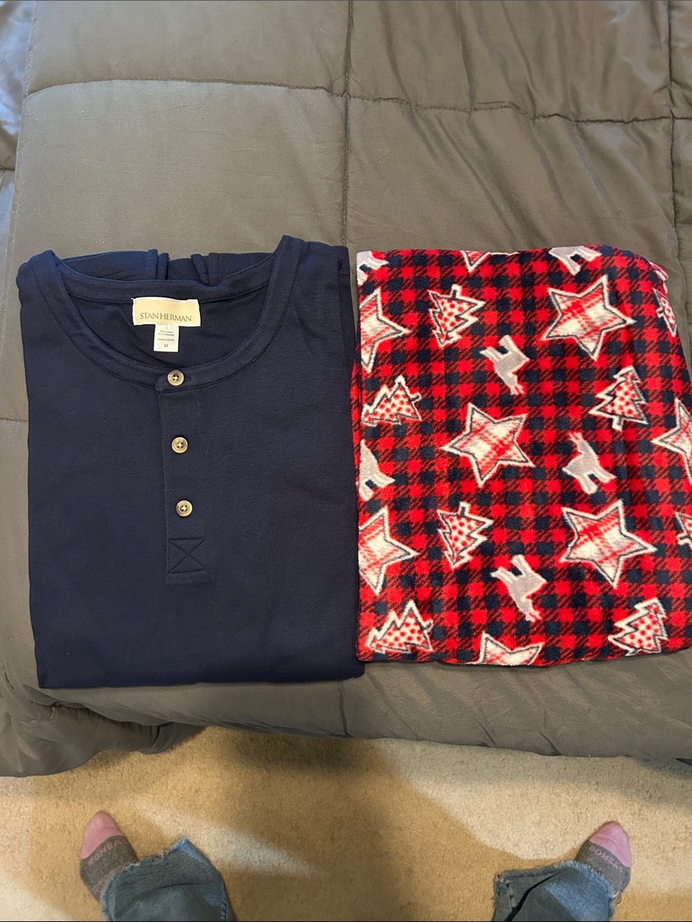 Adult Medium Navy Henley Top with Red Plaid Star & Tree Pajama Pants